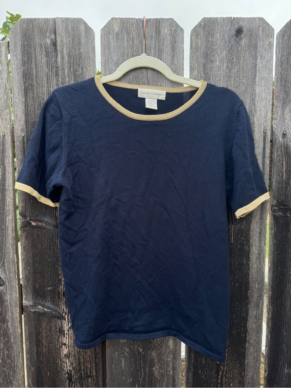 Vintage Navy Blue Short Sleeve Tee with Gold Shimmer Trim Cotton